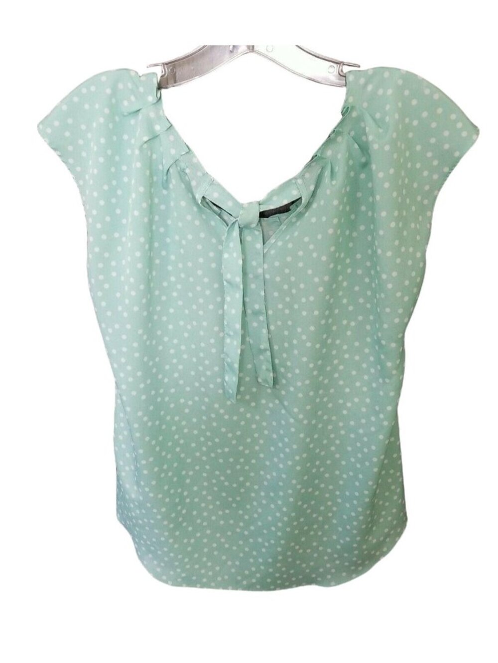 Lauren Conrad Size M Blouse Coquette Polka Dot Pleated Keyhole Tie Flirty Teal - Picture 2 of 4